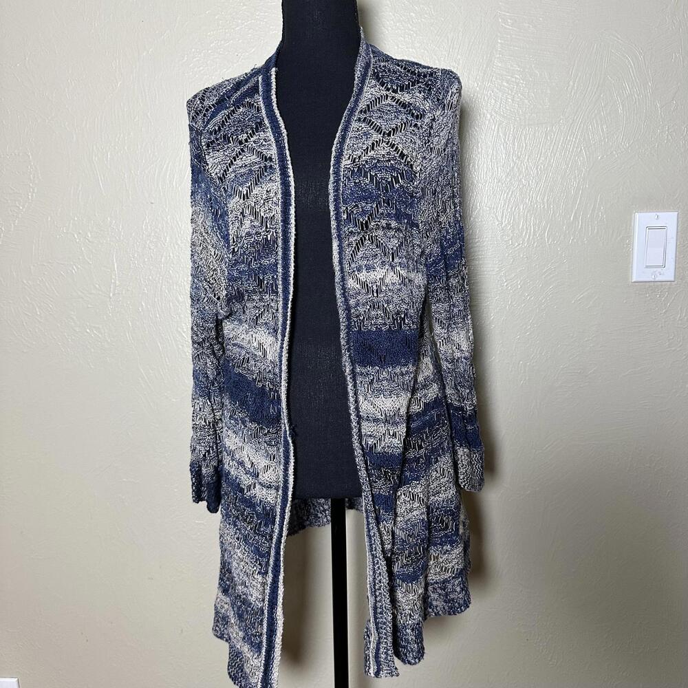 Coastal Open Knit Linen Blend Duster Cardigan Relaxed 3/4 Sleeve Blue White